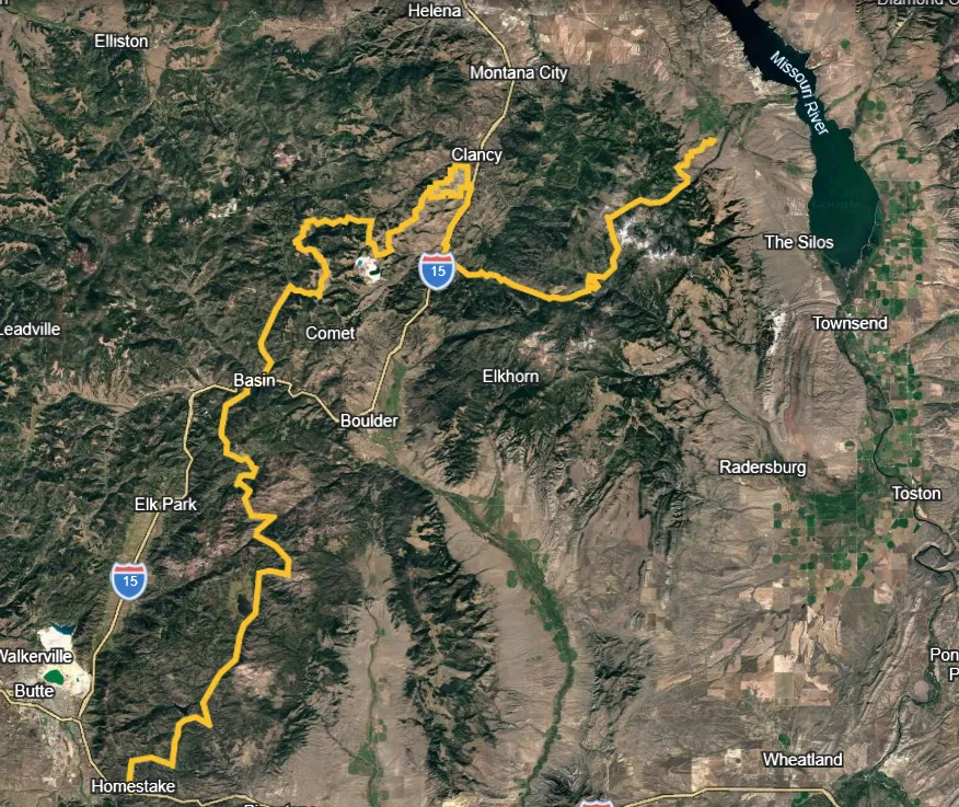 Map of the planned 169 km corridor running north from the Butte area through Basin to Clancy, then east across the Elkhorn Mountains